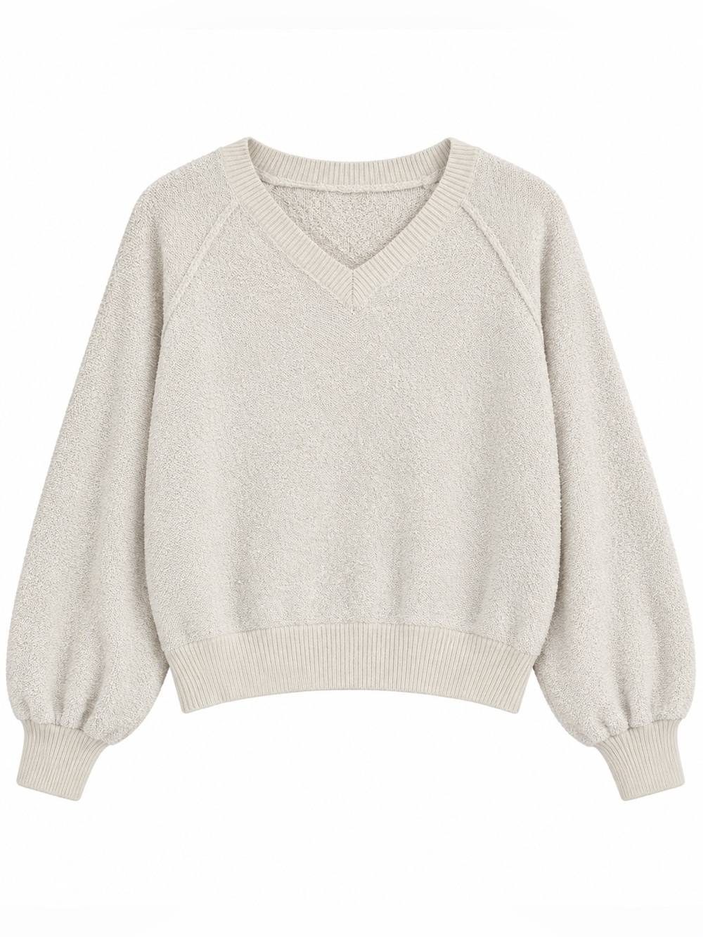 Mittoshop Cream Textured V-Neck Balloon Sleeve Sweater S/M